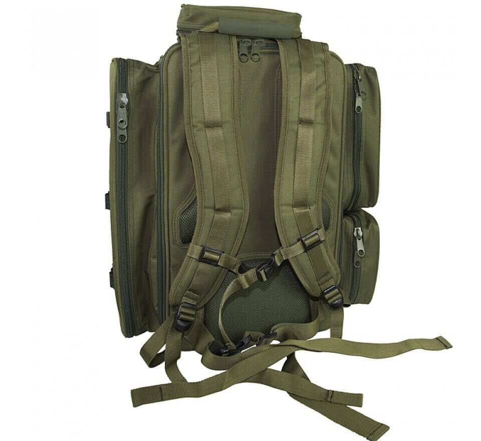 trakker-rucksack-204308-3 Robuster Angelrucksack mit mehreren Fächern für Karpfenangelausrüstung.