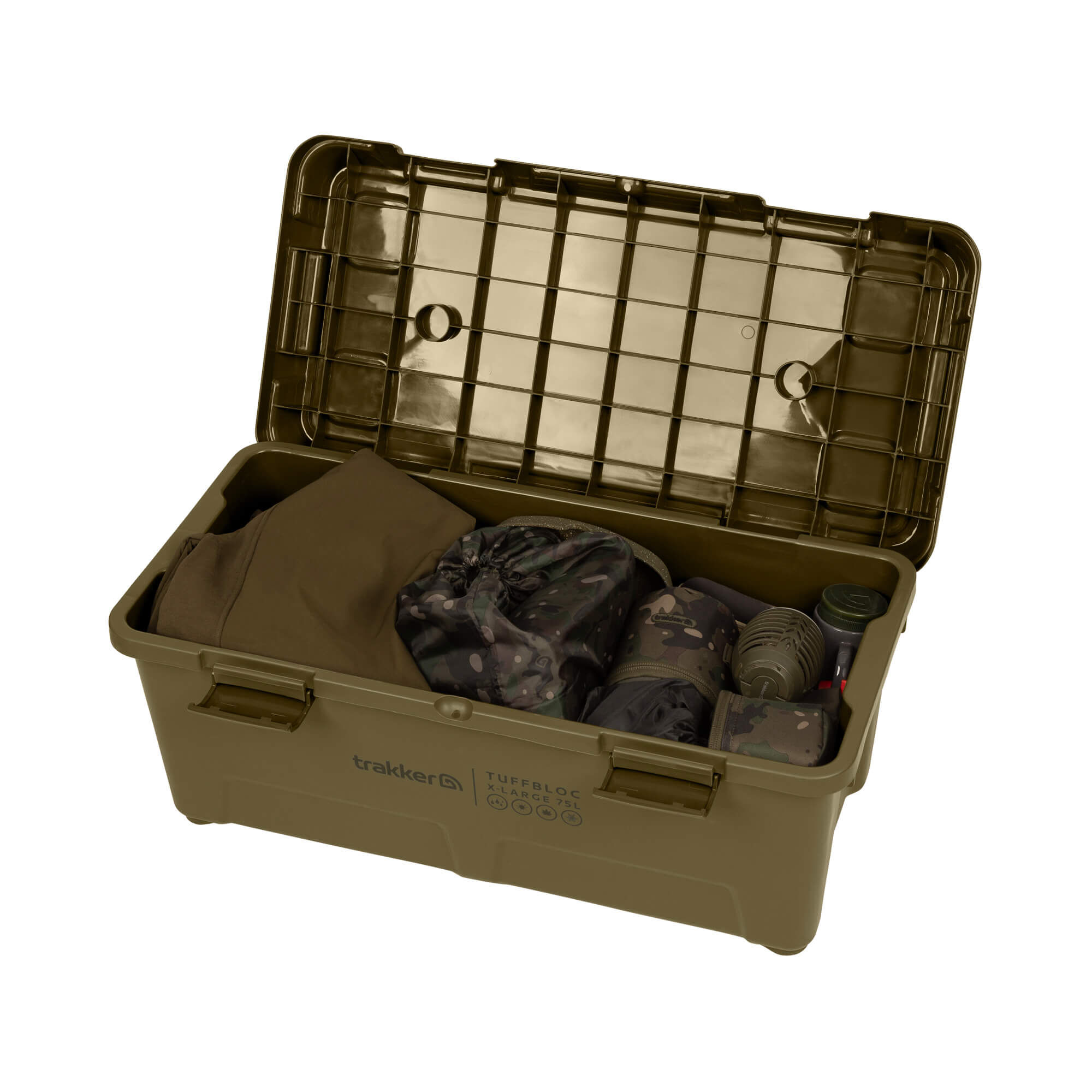 Odolný box na náčiní s organizovaným rybářským náčiním pro kapraře, ideální pro skladování.