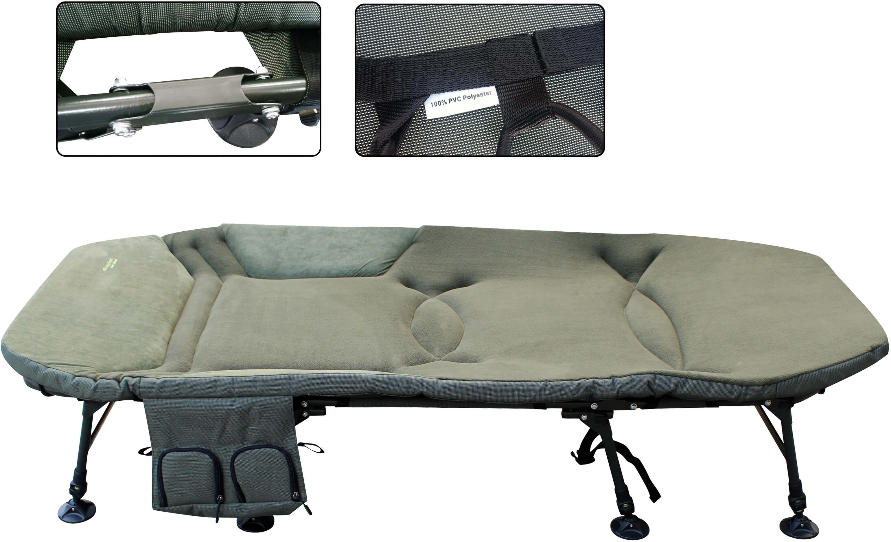 joker-bedchair-4 Pohodlné rybářské lehátko s nastavitelnými nohami a úložnými kapsami pro kapraře.