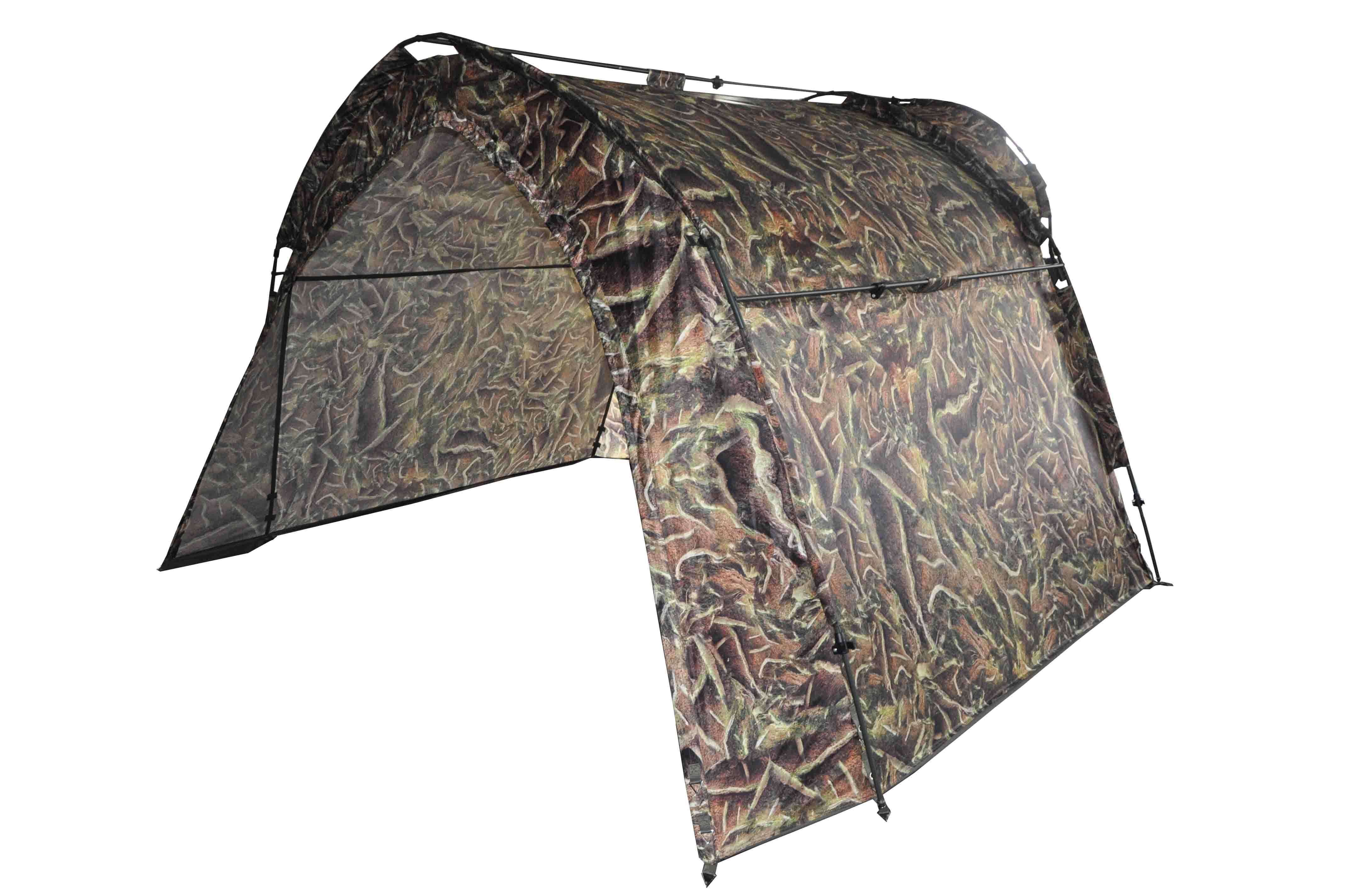 angelzelt-vorzelt-camouflage Riparo da pesca mimetico che fornisce protezione ai pescatori durante le battute di pesca alla carpa.