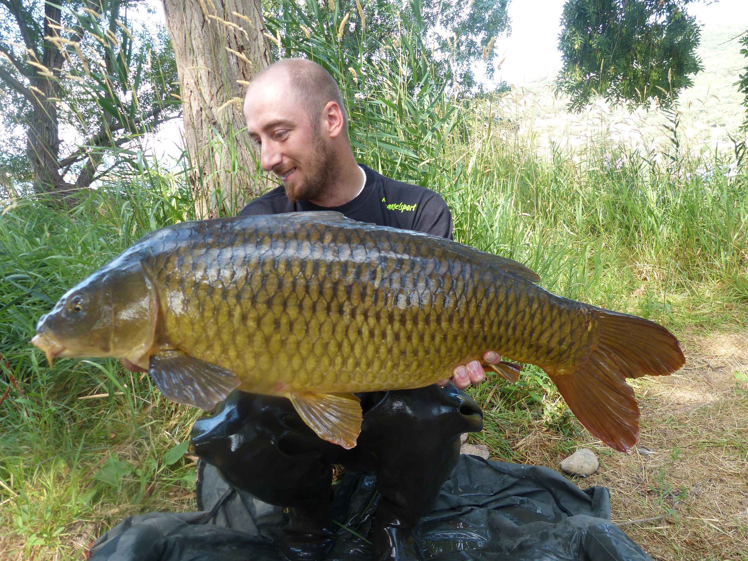 karpfenangeln_frankreich_272 Angler hält stolz einen großen Karpfen und präsentiert erfolgreiche Angeltechniken und Ausrüstung.