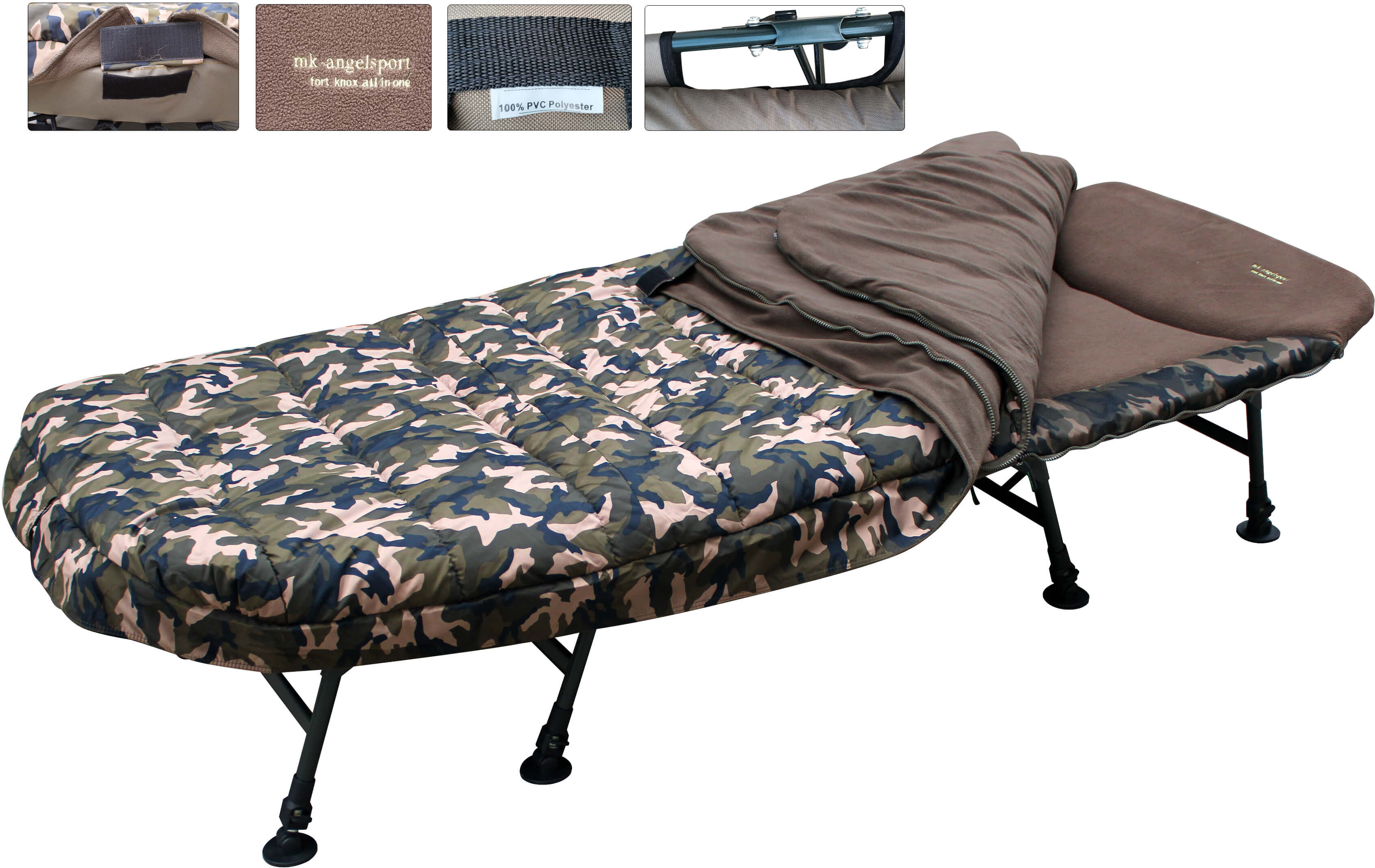 camo-bedchair-system Cómoda cama de pesca de camuflaje para pescadores de carpas, perfecta para largas noches junto al agua.