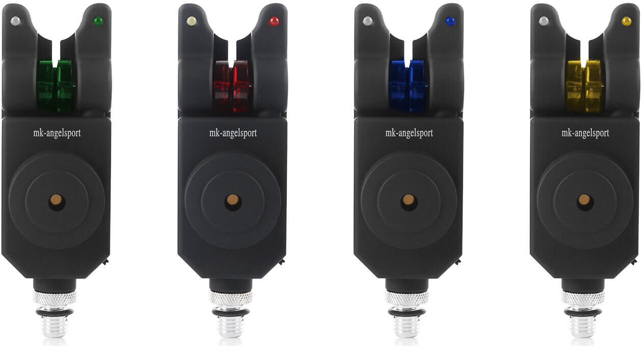 bite-indicator-receiver-4-set Conjunto de detectores de picada electrónicos para la pesca de carpas, con indicadores de diferentes colores.