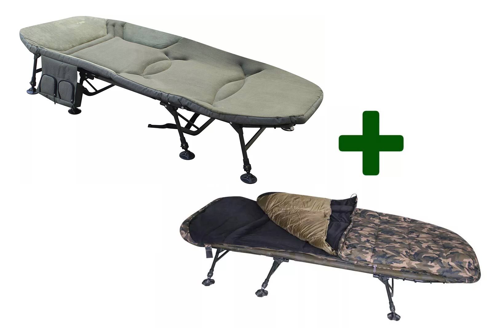 Dieses Set Angebot beinhaltet eine großes Giant Bedchair sowie den MK Camo 2in1 Schlafsack.