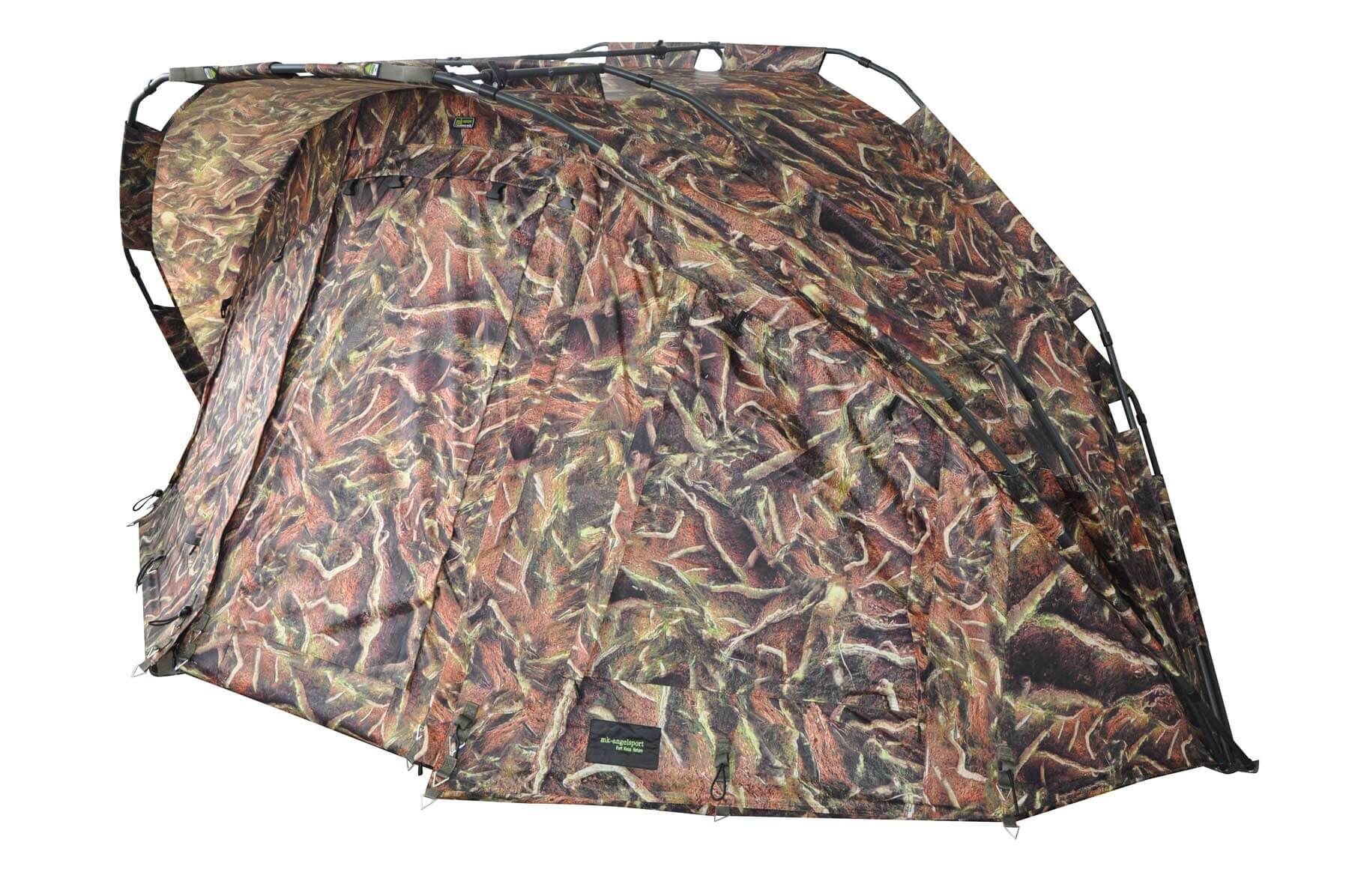 angelzelt-robust Camouflagevisschuilplaats ontworpen voor karpervissers en biedt bescherming en comfort.