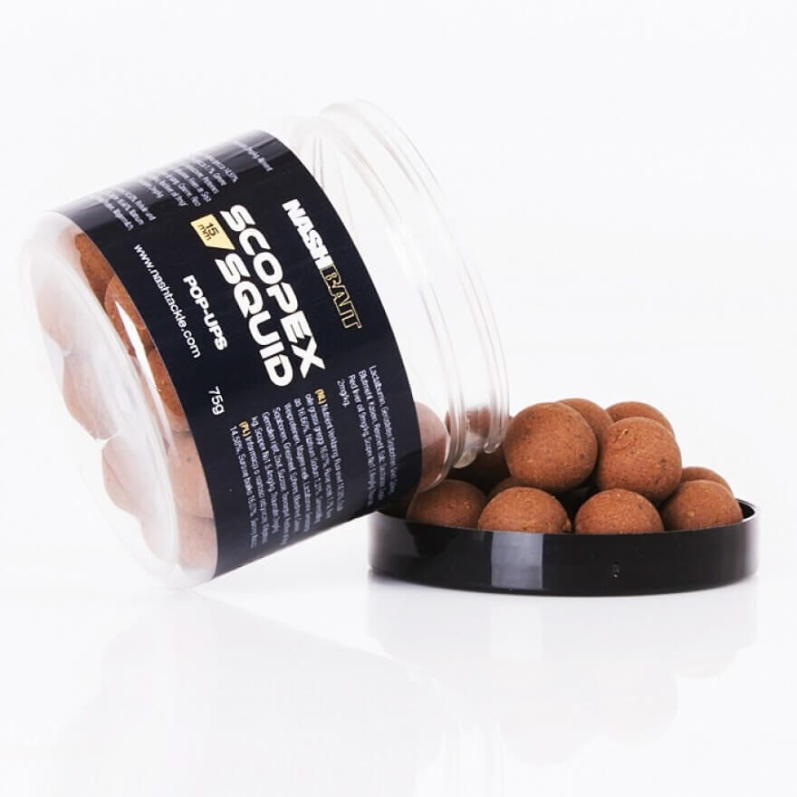 nash-baits-B6828 Nash Scopex Squid pop-ups in een potje, perfect voor het lokken van karpers tijdens het vissen.