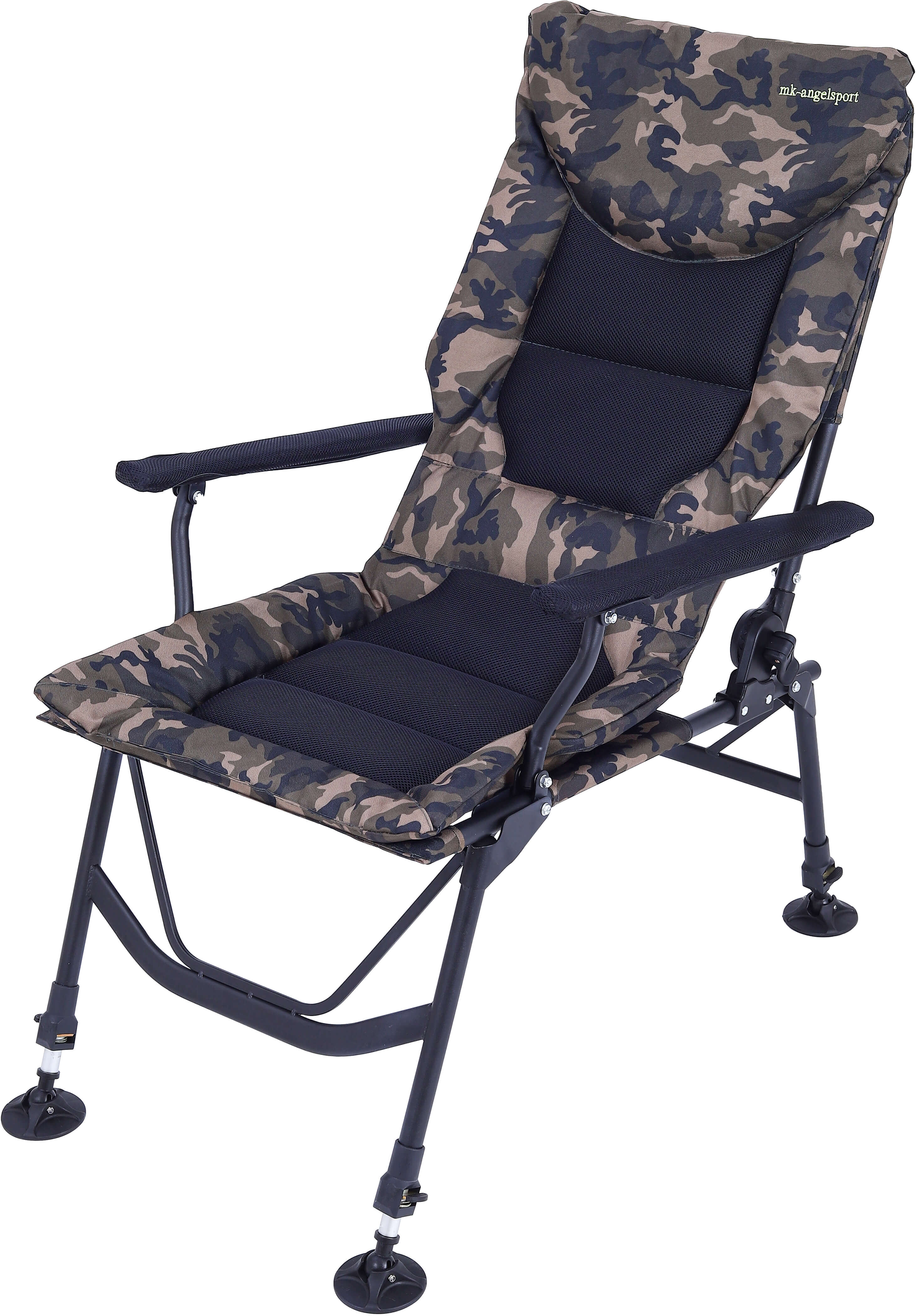 Cómoda silla de pesca de camuflaje, perfecta para largas jornadas junto al agua.