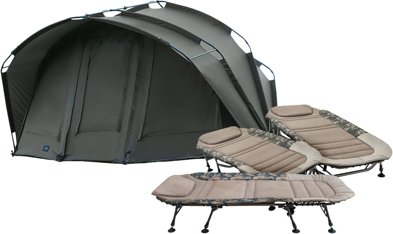 Cómodo refugio de pesca con dos camas, perfecto para largas sesiones de pesca de carpas.