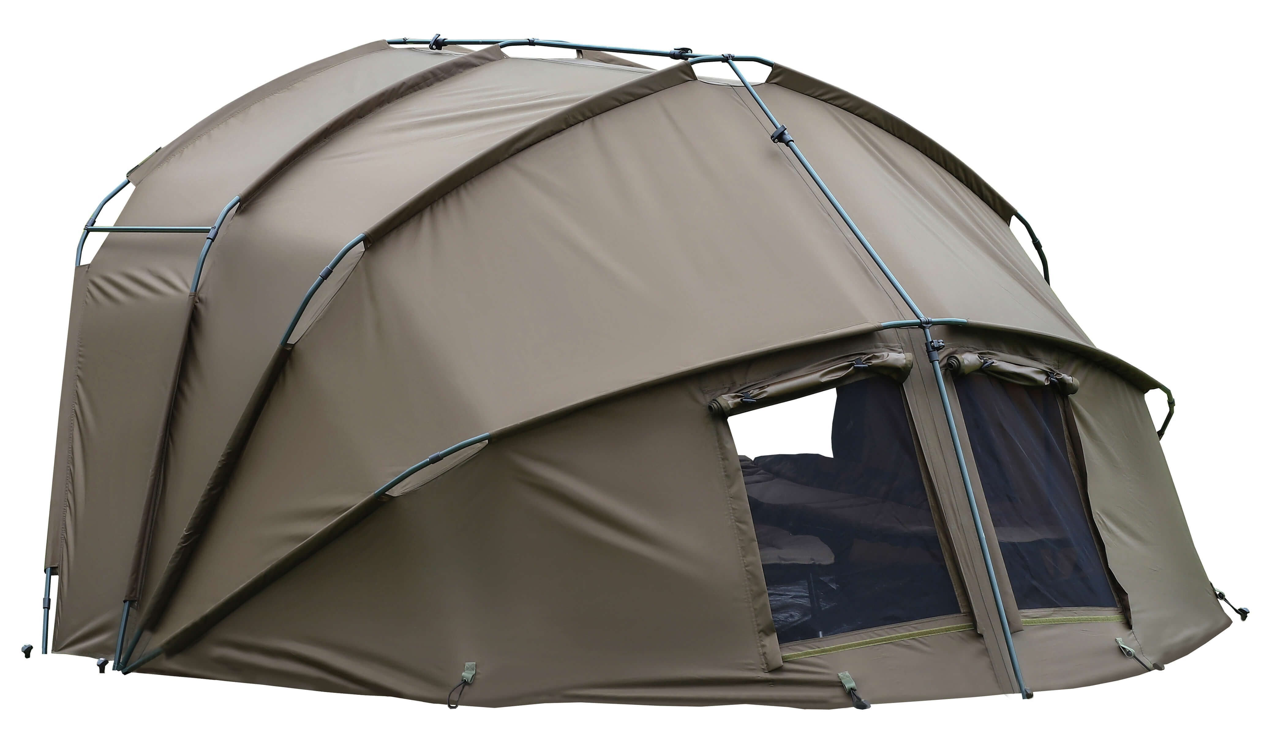 bivy-2man-dome Das neue Fort Knox Pro Carpdome 2Mann Angelzelt bietet genügend Platz für 2 Angelliegen und Tackle.