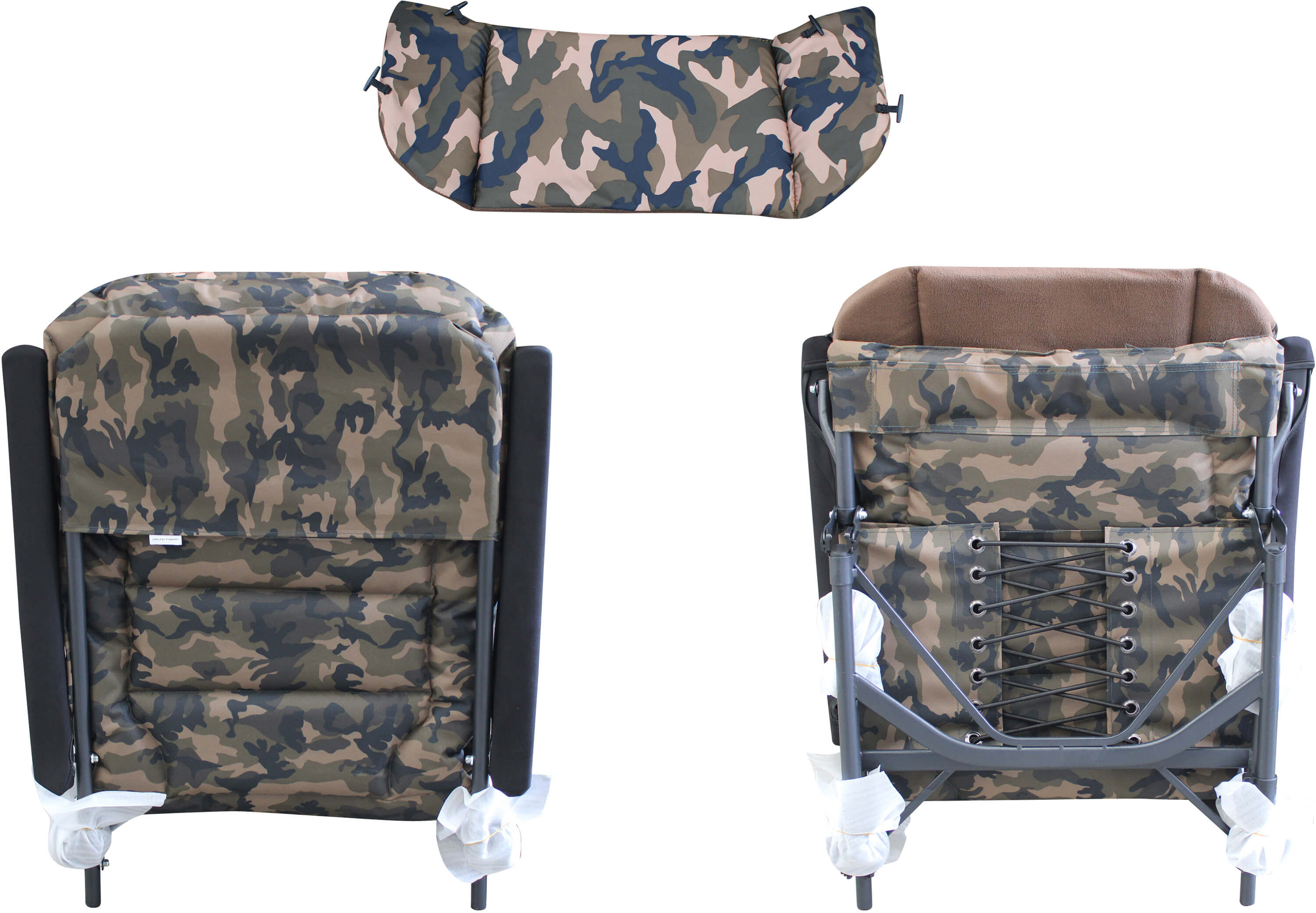 Cómoda silla de pesca de camuflaje ideal para pescadores de carpas durante largas sesiones.