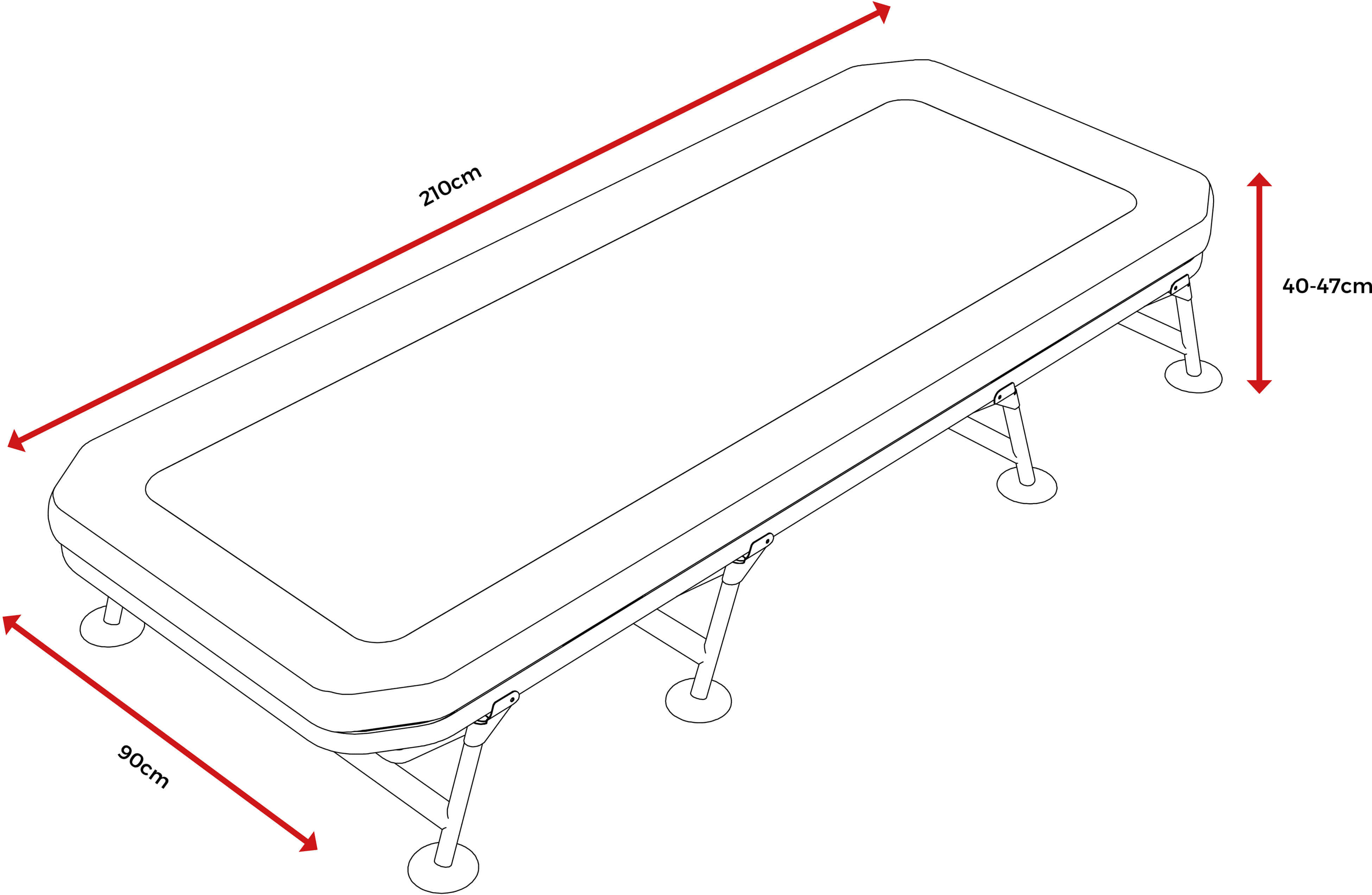 Cómoda silla-cama de pescador para largas sesiones de pesca, altura regulable para una relajación óptima.