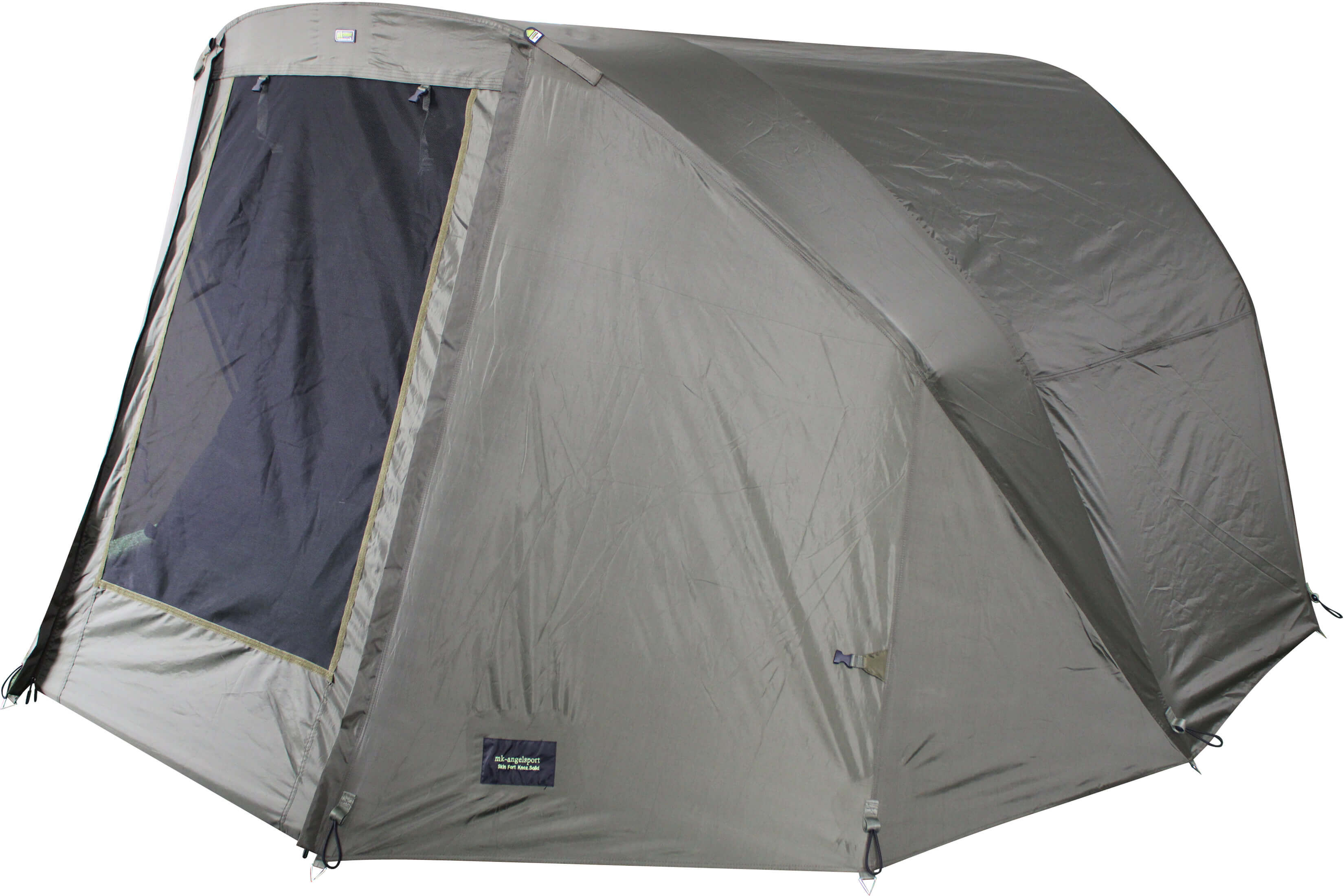 winterskin-2mann-angelzelt-solid Das Winterskin erweitert das 2 Mann Angelzelt um 90 cm nach vorne.