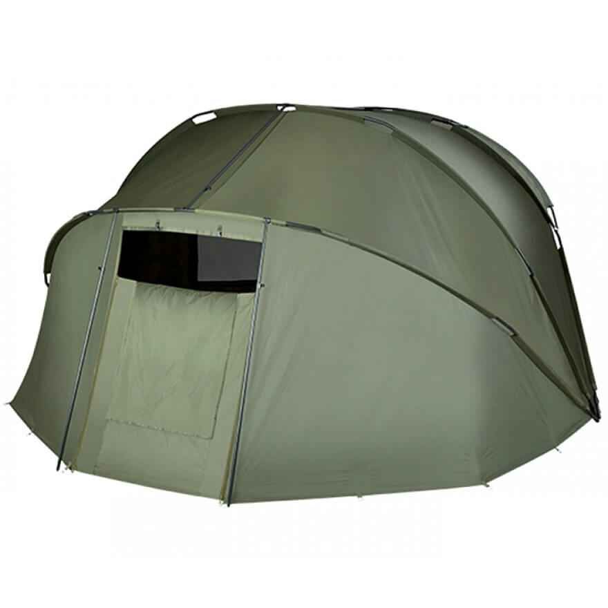 trakker_superdome_bivvy6 Spaziosa tenda da pesca verde ideale per i carpisti, offre riparo e comfort.