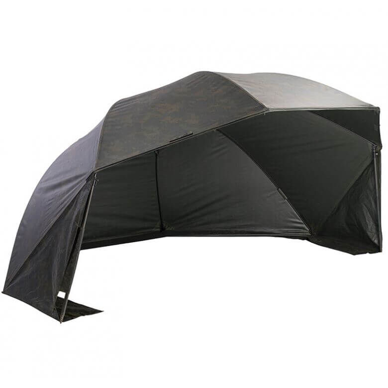 Das Nash Groundhog Camo Brolly für wetterfeste Karpfenangler Robuster Angelschutz für Karpfenangler, der Schutz vor den Elementen bietet.