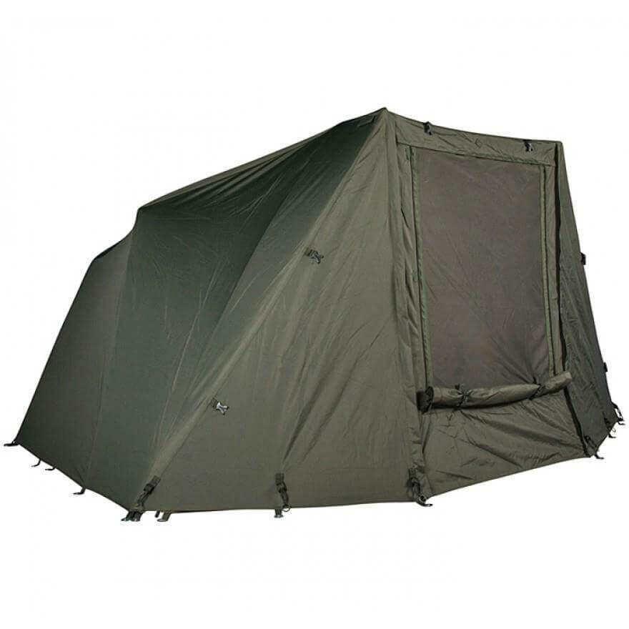 nash-titan-t1-overwrap-T4112 Tienda de pesca duradera para pescadores de carpas, que proporciona refugio y comodidad durante los viajes de pesca.