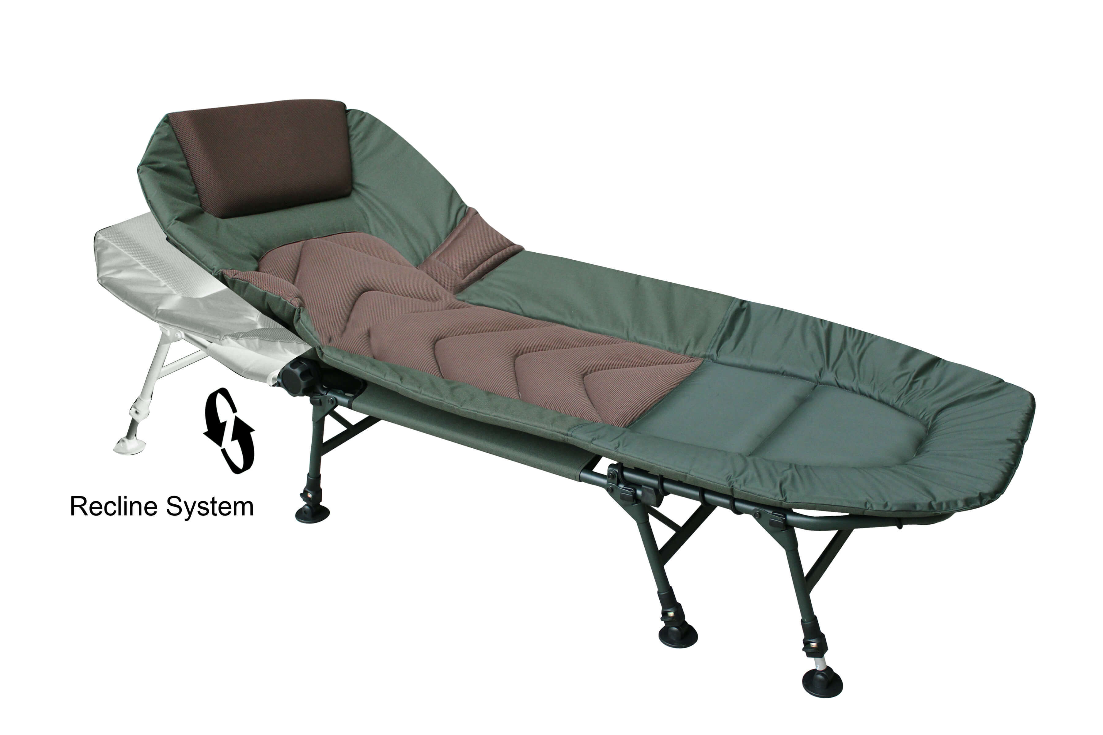 Aufgrund der Matratzenunterstützung ist diese Campingliege auch für schwere Personen geeignet, welche die Angelliege im Sitzen nutzen wollen.