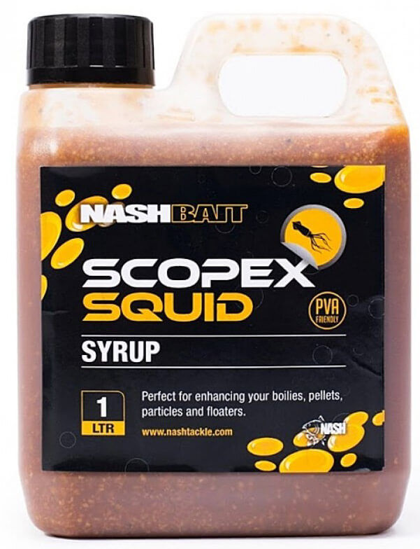 nash-sirup-b6858-scopex-squid Der Nash PVA freundlich Scopex Squid Booster eignet sich ideal für das pimpen von Pellets, Boilies, Groundbait, Wafter oder Stick-Mixe.