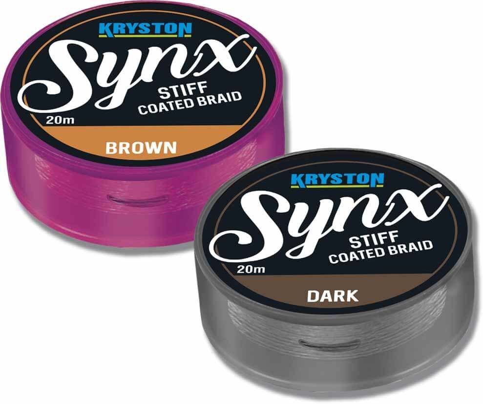 kryston-synx Dos bobinas de trenza recubierta rígida Kryston Synx para la pesca de carpas, en colores marrón y oscuro.