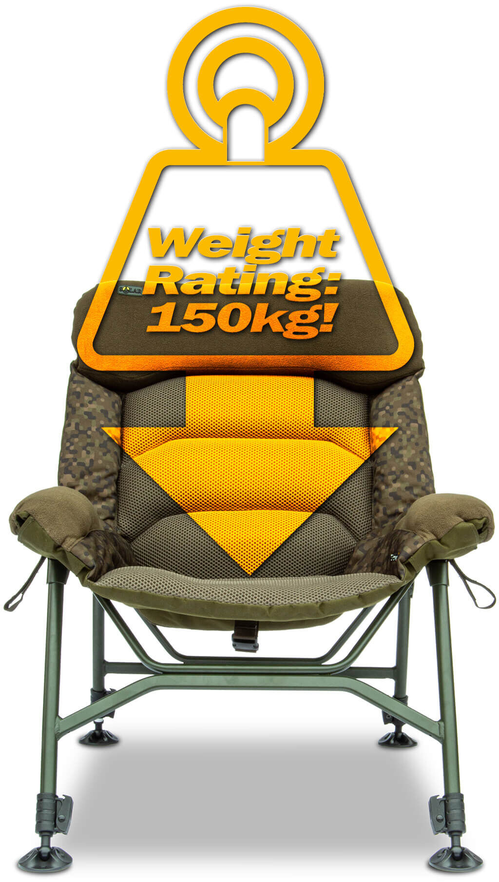 Chaise de pêche confortable avec un poids de 150 kg, parfaite pour les longues sessions de pêche.