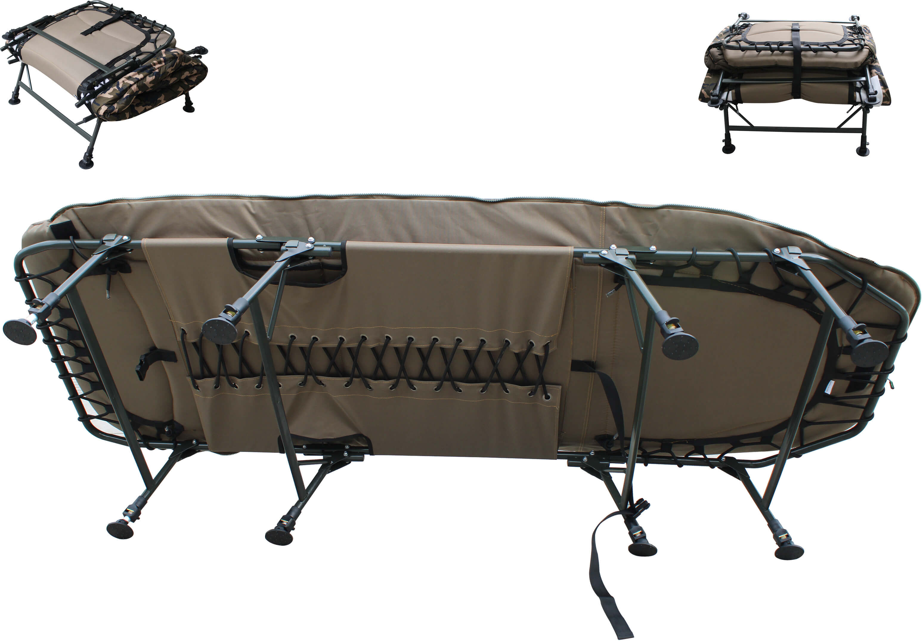 Cómoda silla cama de pesca para pescadores de carpas, ideal para largas sesiones de pesca.
