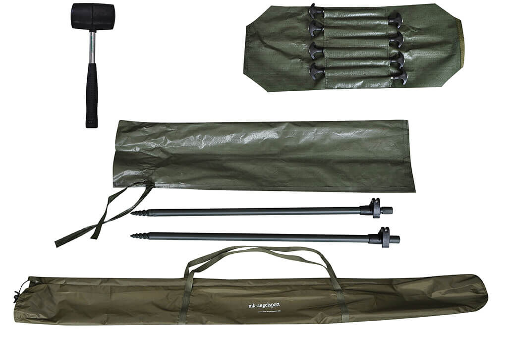 fast-stand-up-brolly Equipo de pesca de carpas esencial, que incluye palos de banco, mazo y bolsa de transporte para pescadores.