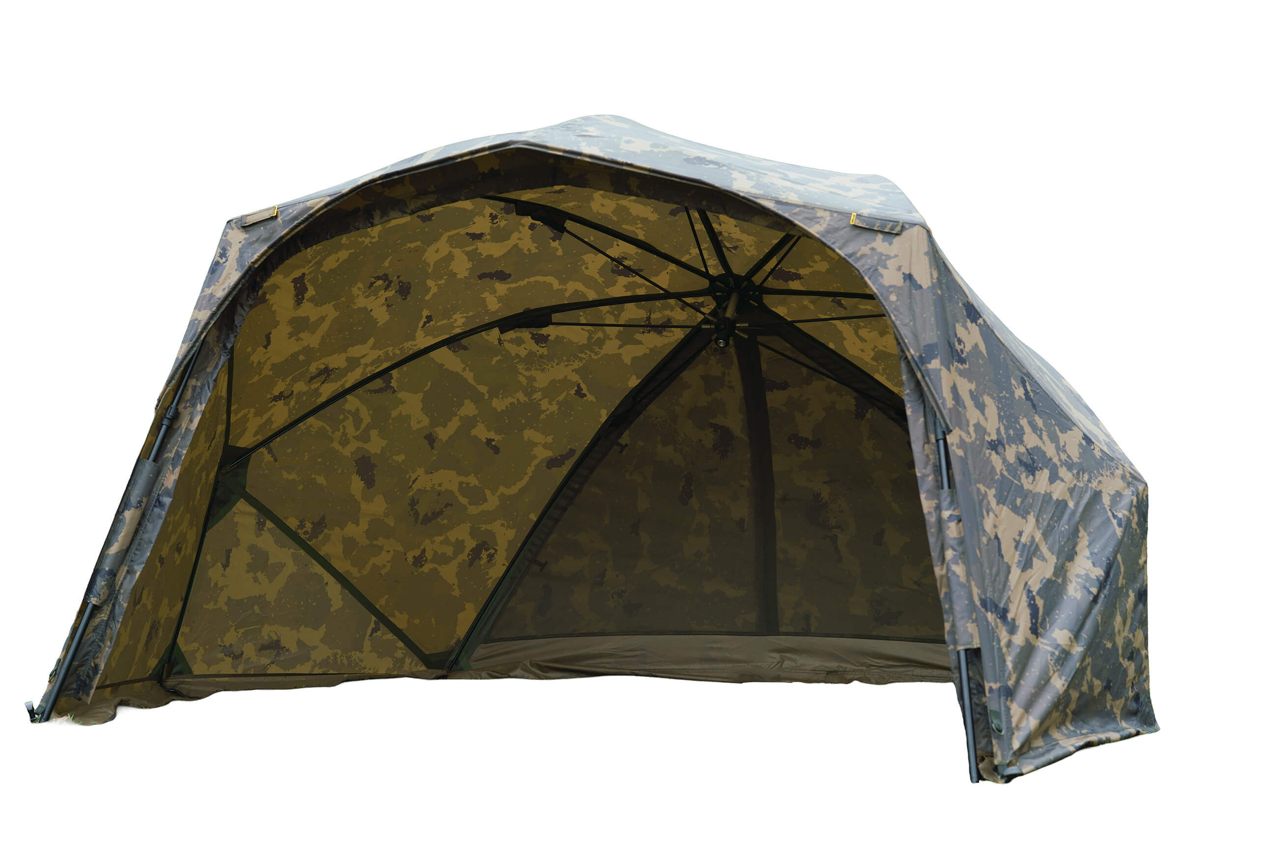 Camo-Angel-Brolly-Unterstand mit stabilem Rahmen, perfekt für schnelles Karpfenangeln.