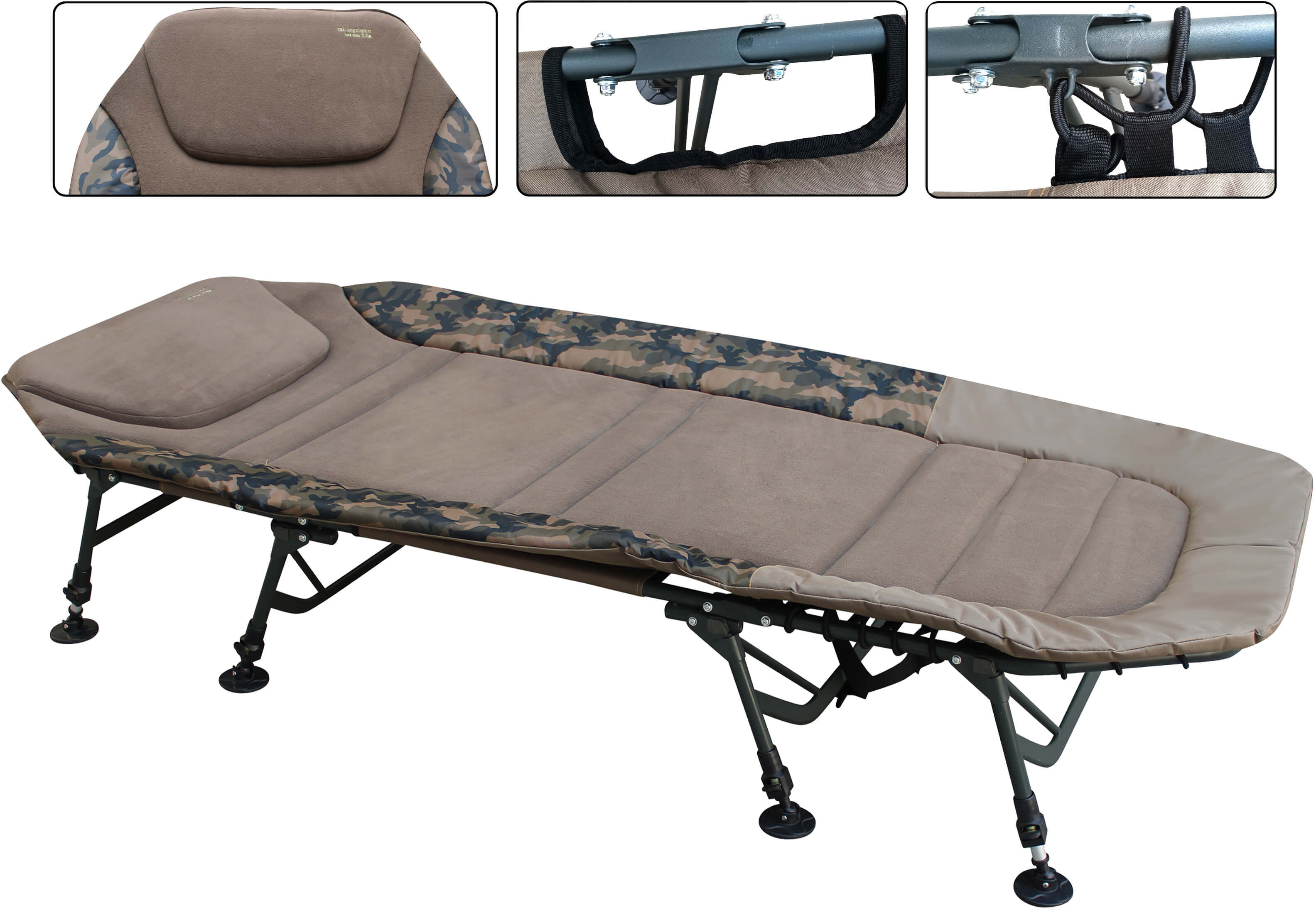 bedchair-camo-8bein Cómoda silla cama de pesca con patas ajustables para la relajación de los pescadores de carpas.