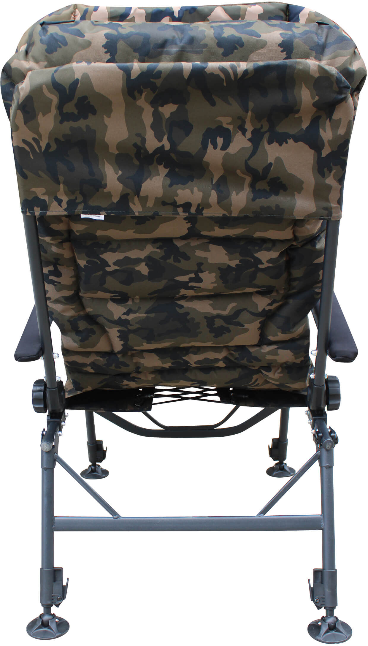Cómoda silla de pesca de camuflaje diseñada para largas horas de pesca de carpas.