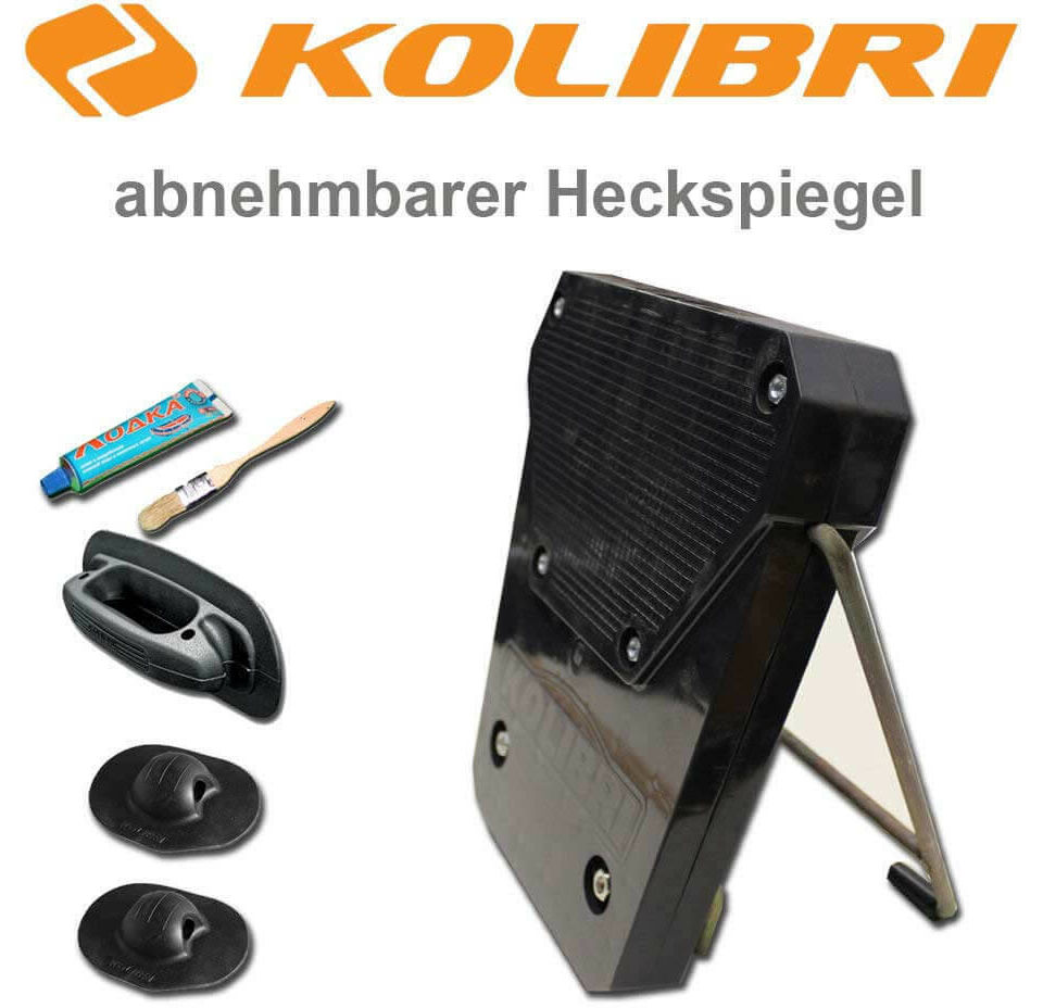 kolibri-heckspiegel-fuer-angelboot Das Kolibri Angelboot wird mit einem Heckspiegel für Bootsmotoren ausgeliefert.