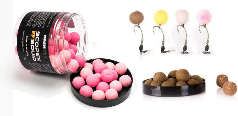 nash-scopex-squid-pop-up-boilies Kleurrijk karperaas in potjes, perfect voor het binnenhalen van grote vangsten.