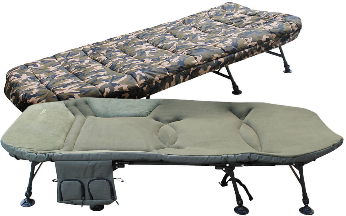 Comode poltrone letto da pesca per pescatori, perfette per lunghe notti in riva all'acqua.