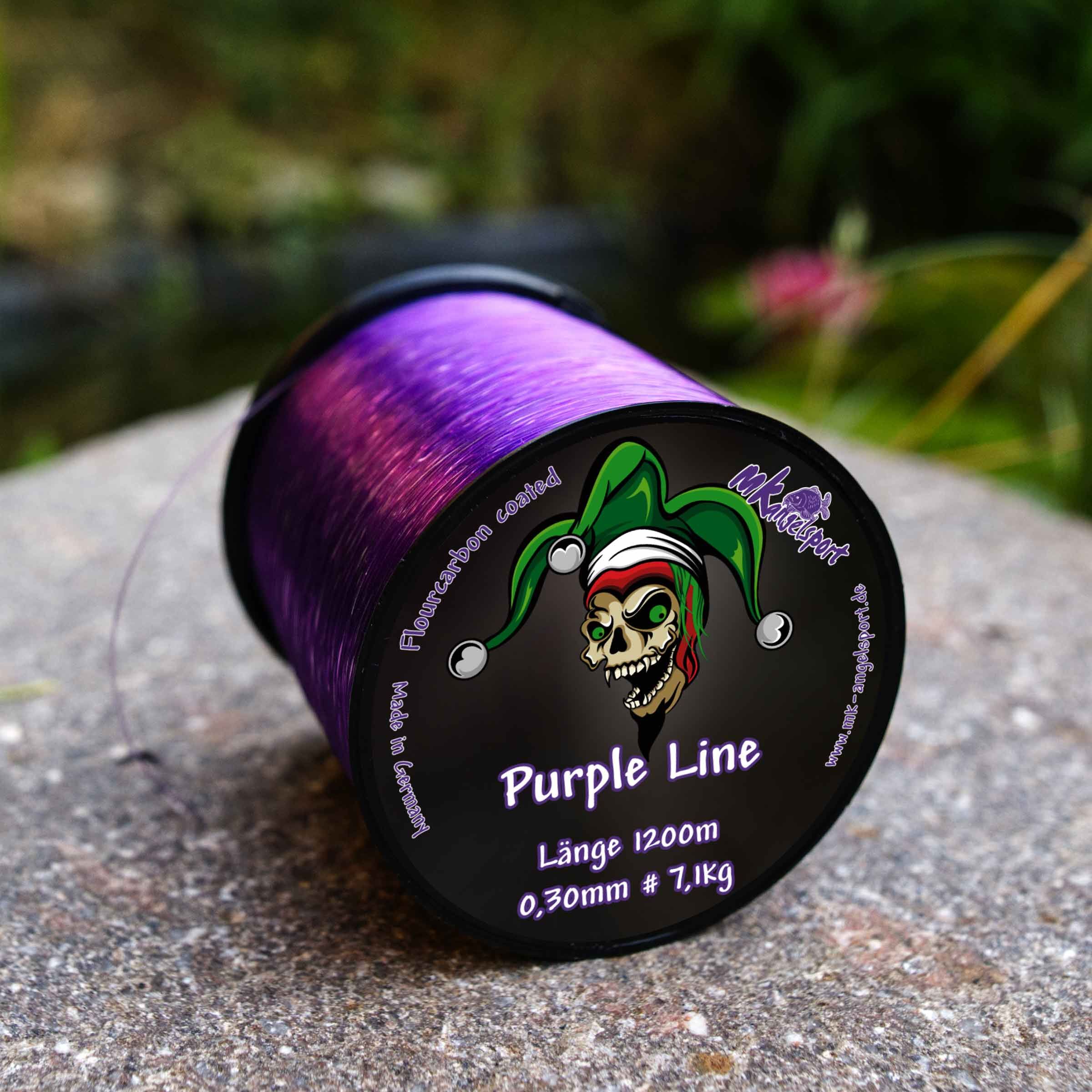 Purple_Line_1200m_b Die monofile Angelschnur hat eine Tragkraft von 7,1Kg und wird auf einer 1200 Meter Spule geliefert.
