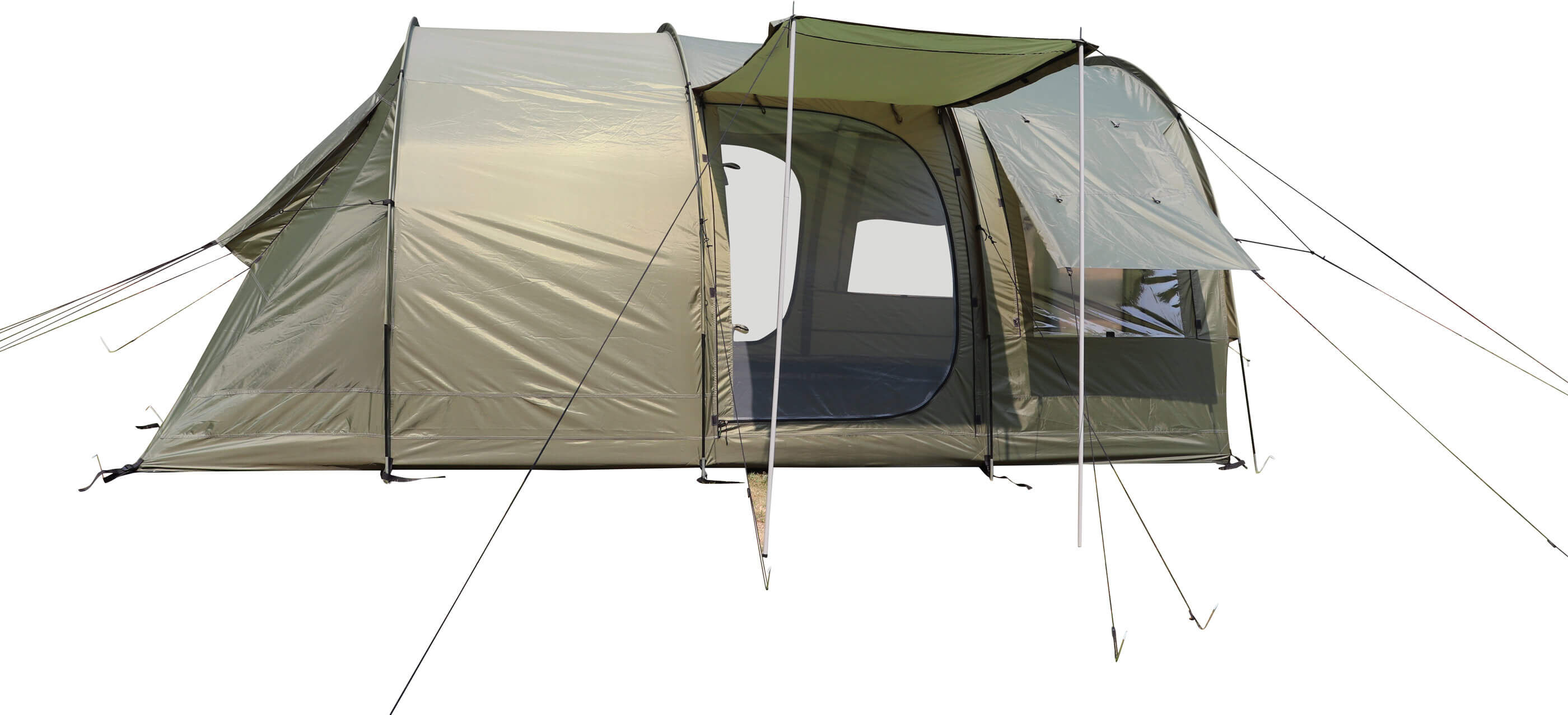 Das Campingzelt besitzt einen fest eingenähten Zeltboden fest eingenähte Fliegengitter an allen Türen.