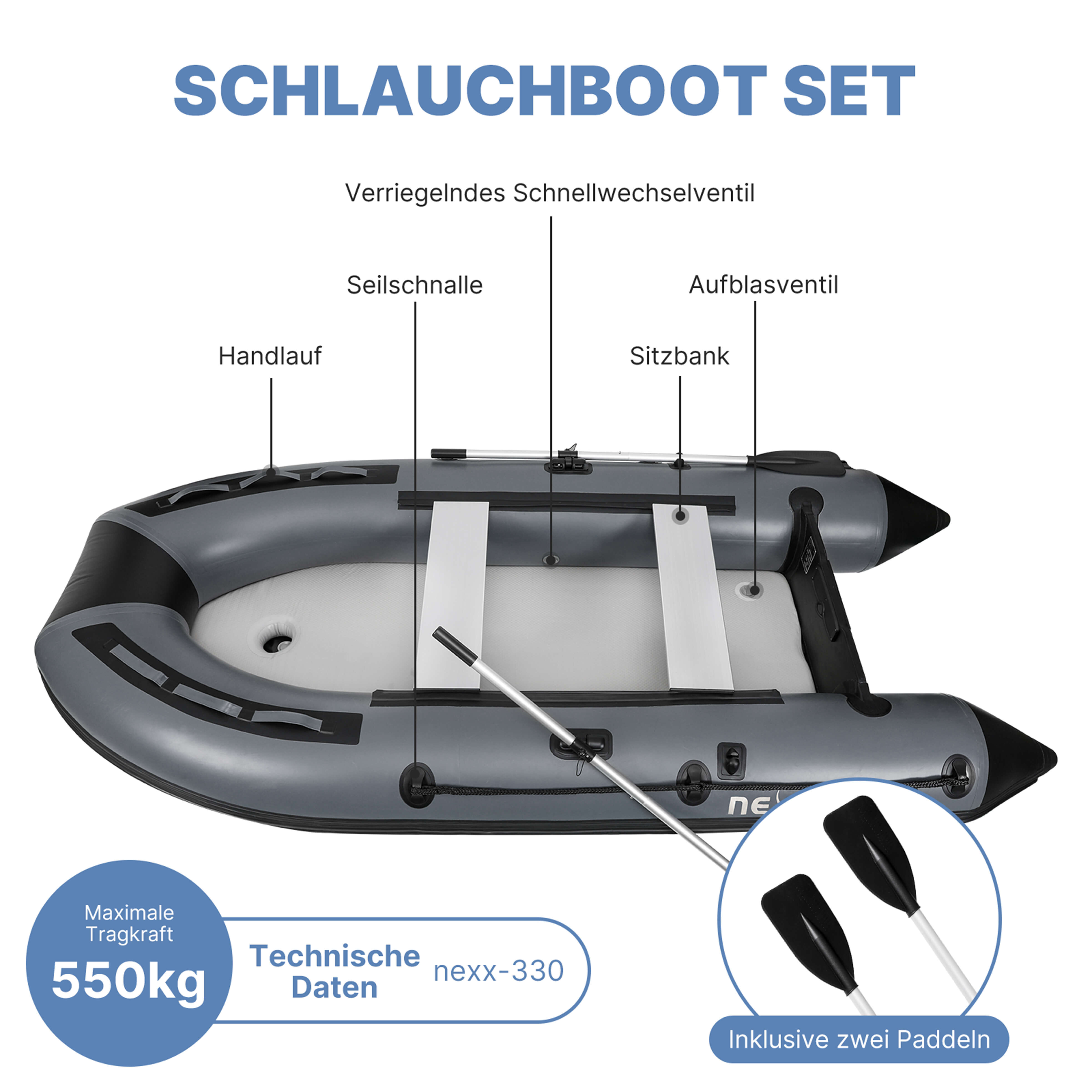Robustes Schlauchboot-Set zum Karpfenangeln, trägt bis zu 550 kg, inklusive Paddel.