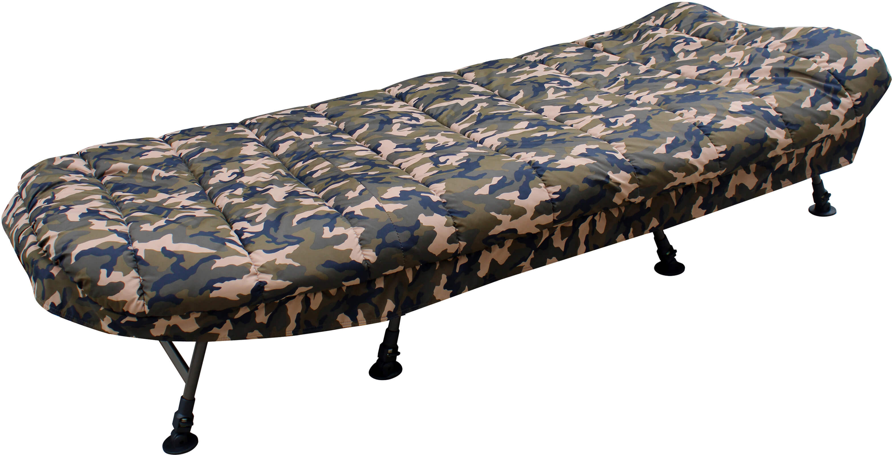 mk-sleeping-system-camo Cómoda silla cama de pesca de camuflaje para largas sesiones de pesca de carpas, asegurando un sueño reparador.