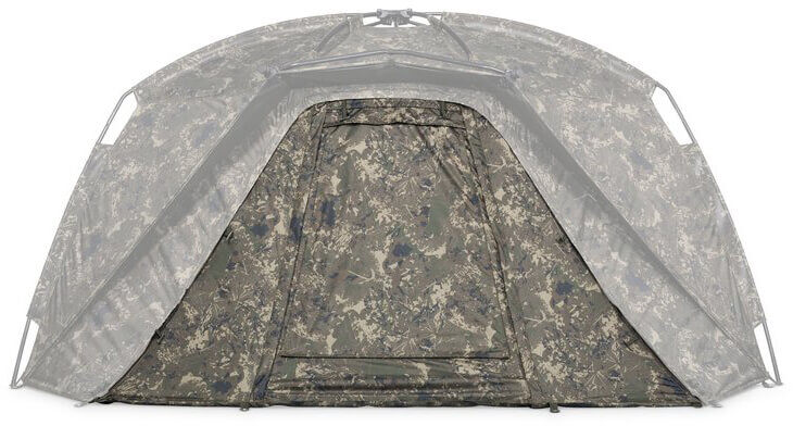 Tenda da pesca mimetica progettata per i carpisti, offre riparo e comfort.