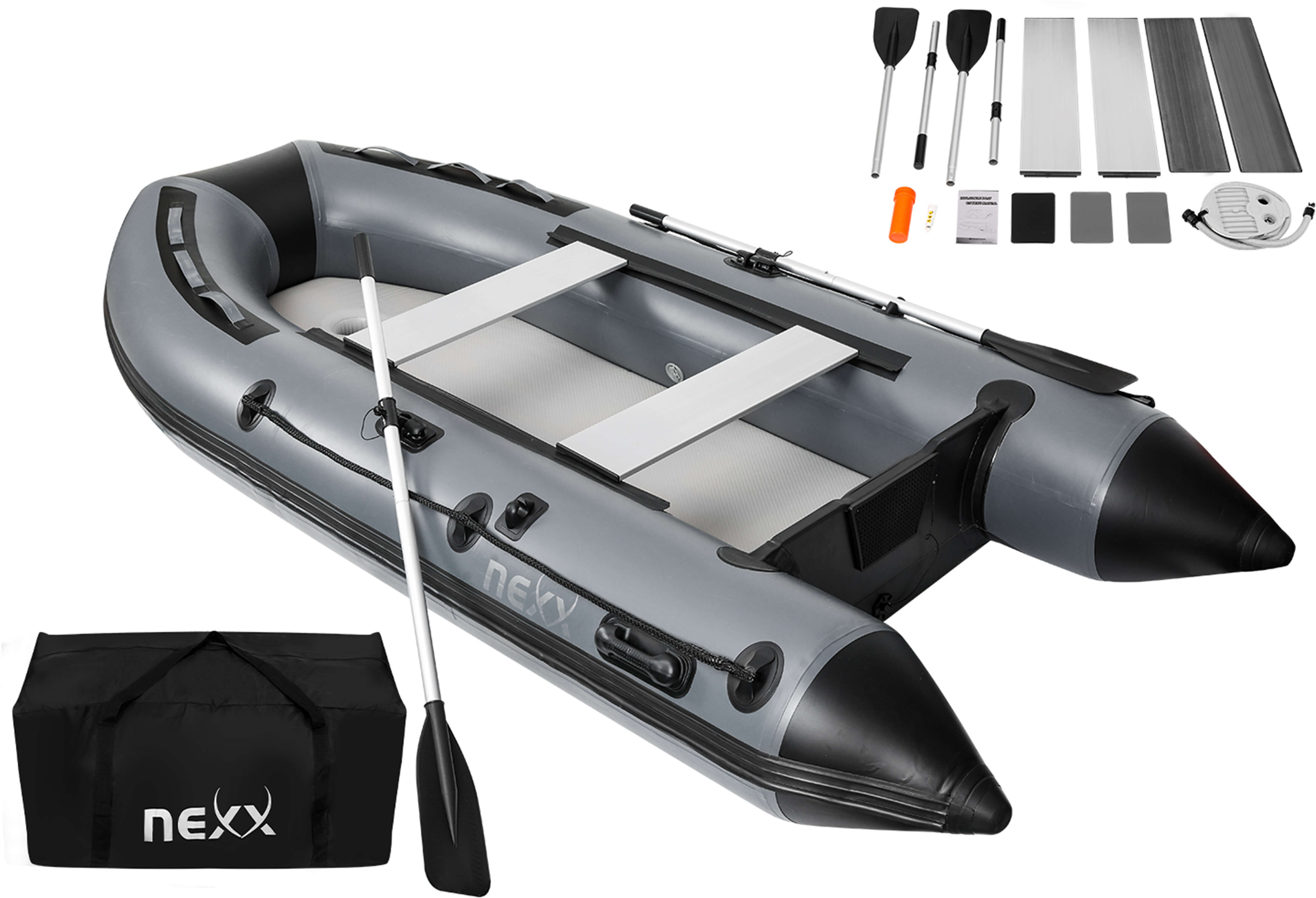 Robustes aufblasbares Fischerboot mit Paddeln, perfekt für Karpfenangler auf dem Wasser.