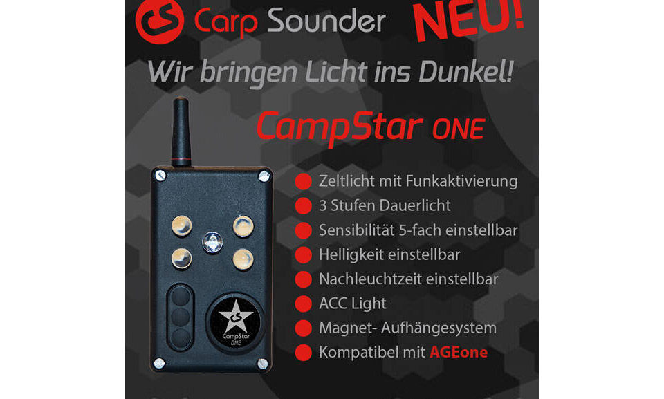 CampStar ONE Karpfen-Angellampe mit Fernaktivierung und einstellbaren Helligkeitseinstellungen.