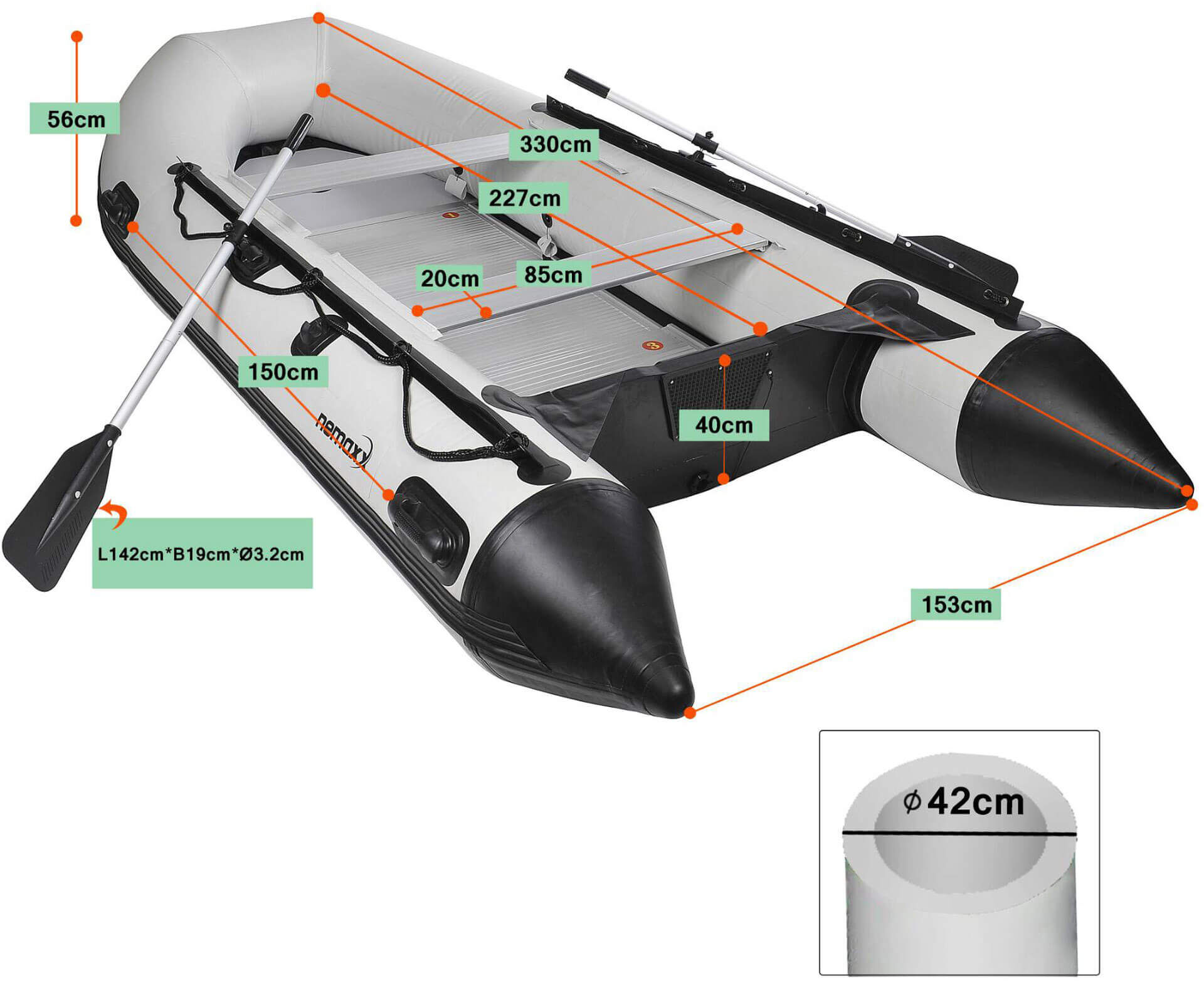 330-masse-2000x2000 Mit einer Breite von 85 cm ist das Schlauchboot ein reines Platzwunder.