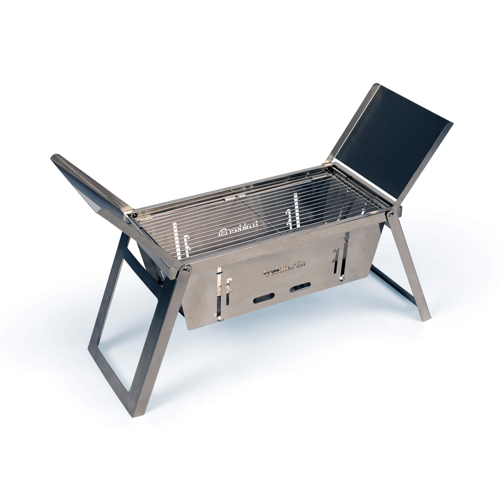 Trakker Armolife SS Folding BBQ – skládací gril z nerezové oceli Přenosný nerezový gril pro vaření při rybaření, ideální pro rybářské výlety.