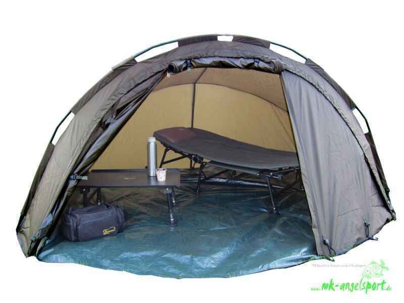 MK-Angelsport-5-Seasons-Dome-15-Mann-png Komfortabler Angelunterstand mit Liegestuhl und Tisch für Karpfenangler.