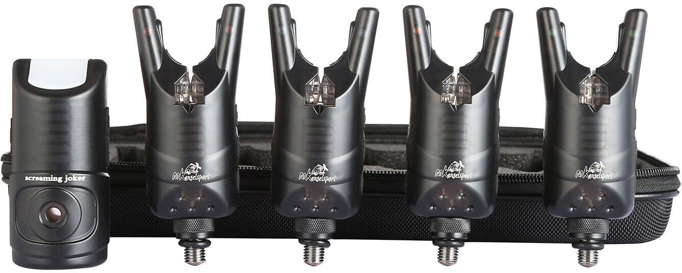 screaming-joker-funkbissanzeiger-5 Das 4 +1 Funkbissanzeiger-Set beinhaltet 4 Funkbissanzeiger in Rot, Blau, Grün und Gelb, sowie den passenden Receiver.