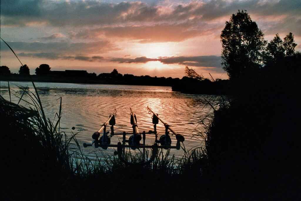Image033_36 Angelruten werden bei Sonnenuntergang aufgestellt, ideal für Karpfenangler, die die Aussicht genießen.