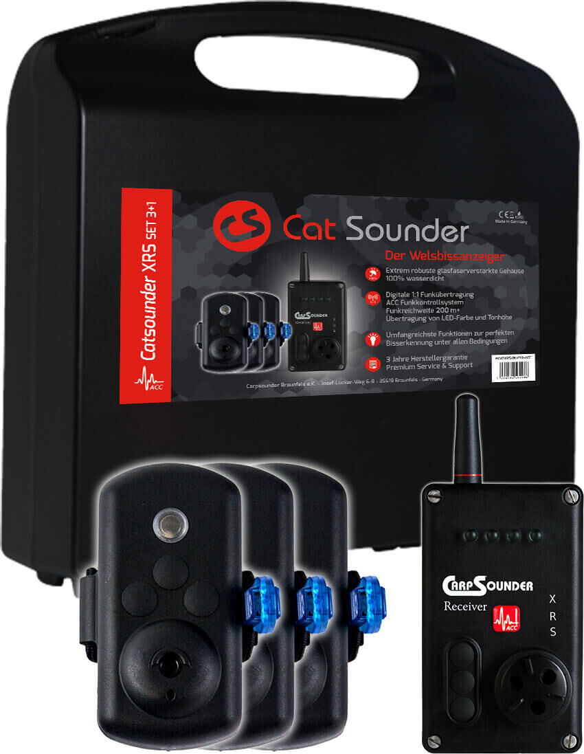 Der original Cat Sounder 3+1 Set von Carp Sounder beinhaltet 3 Bissanzeiger in verschiedenen Farben.