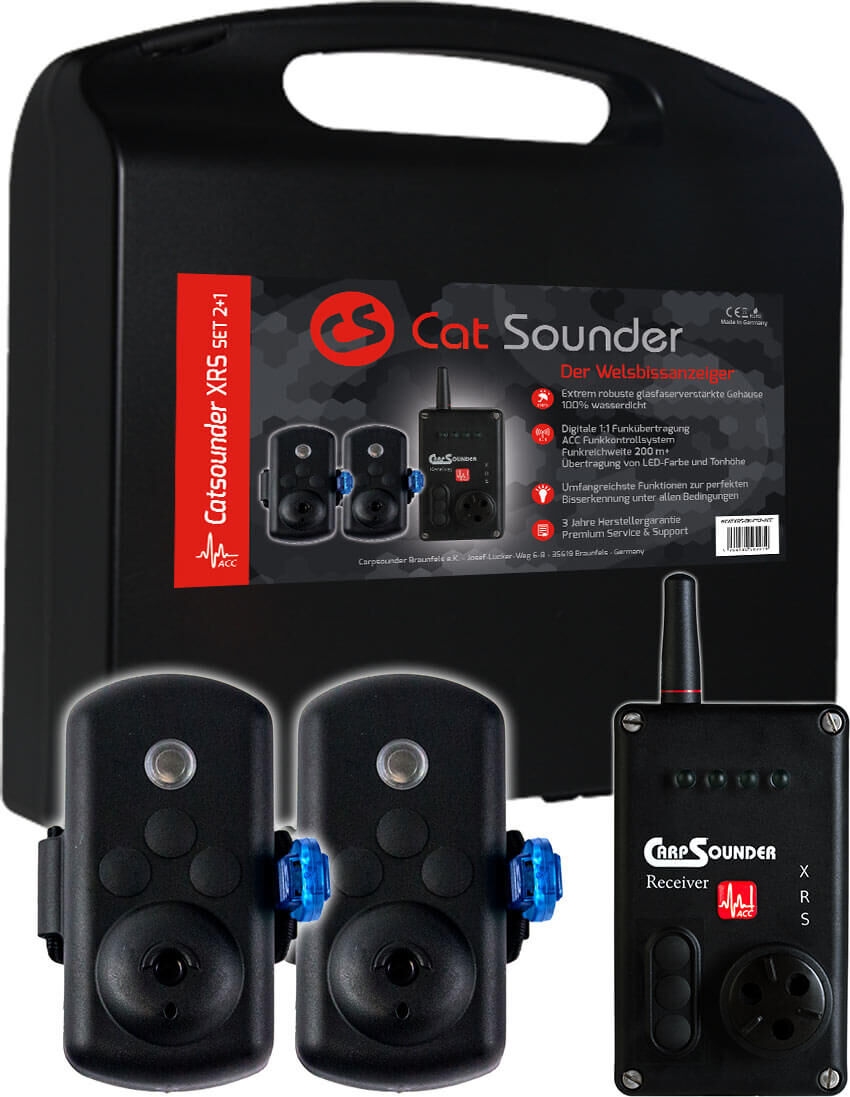 Das Catsounder XRS Set beinhaltet 2 Funkbbisanzeiger zum Wallerangeln und den passen Receiver mit vielen Einstellungsmöglichkeiten.
