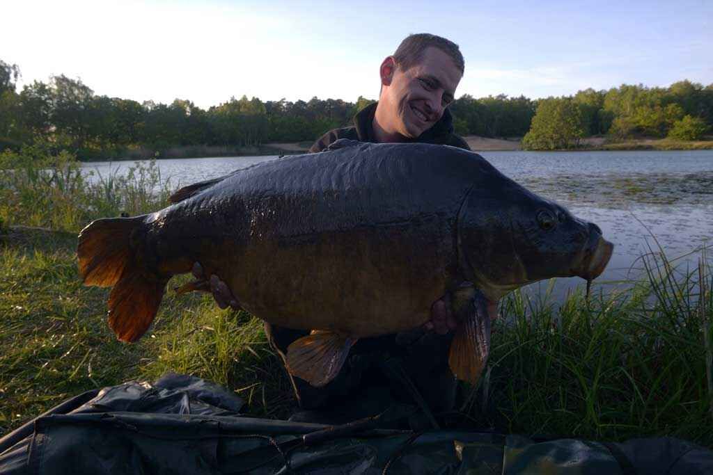 Jan Grashoff mit sofortiger Wirkung im MK-Angelsport Team Angler hält stolz einen großen Karpfen am Wasser und präsentiert erfolgreiche Angelausrüstung.