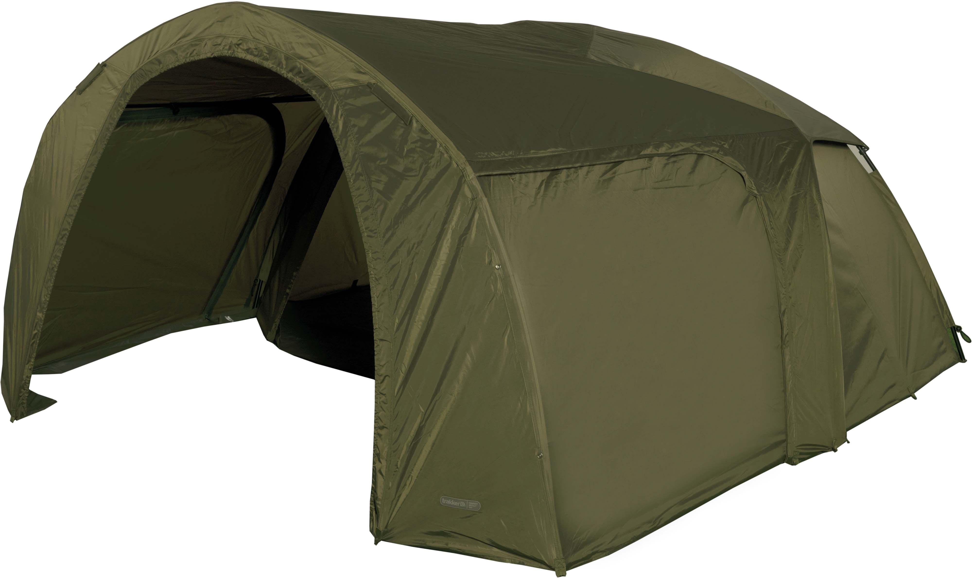 trakker-tempest-brolly-100t-social-cap Geräumiges Angelzelt für Karpfenangler, das Schutz und Komfort bietet.
