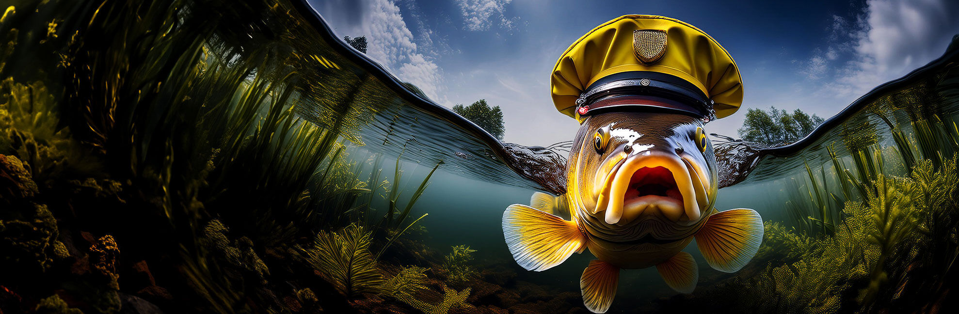 Karpfen mit Mütze unter Wasser.