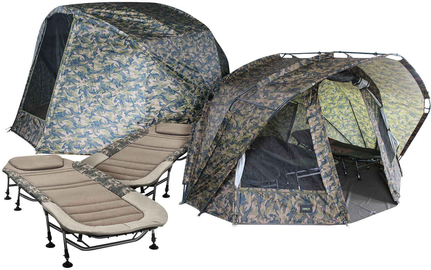 Lit de pêche et tente confortables pour les pêcheurs de carpes, parfaits pour les longues sessions.