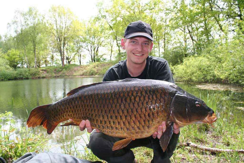 IMG_0579 Angler hält stolz einen großen Karpfen in der Hand, der mit hochwertigem Angelgerät am See gefangen wurde.